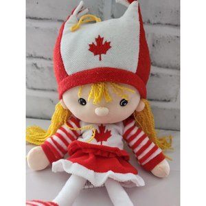 Canadian Kid Girl Plush Doll Yarn Hair Red & White Maple Leaf Outfit 13"